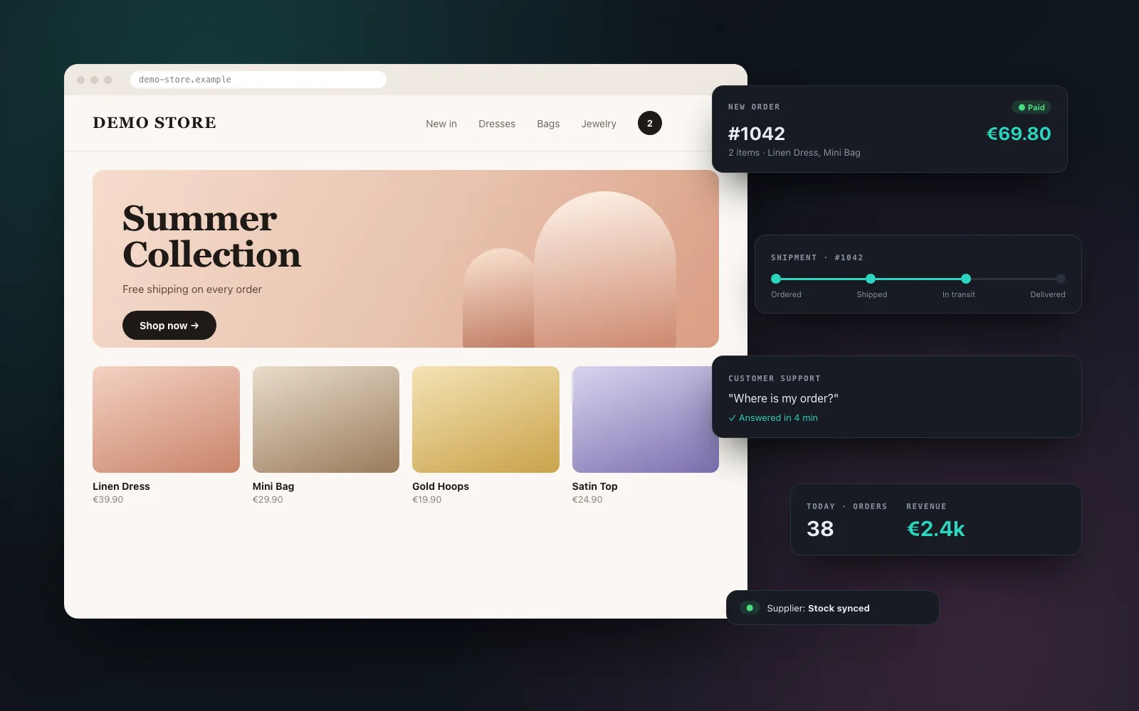 Illustration of a demo online store with orders, shipping and customer support