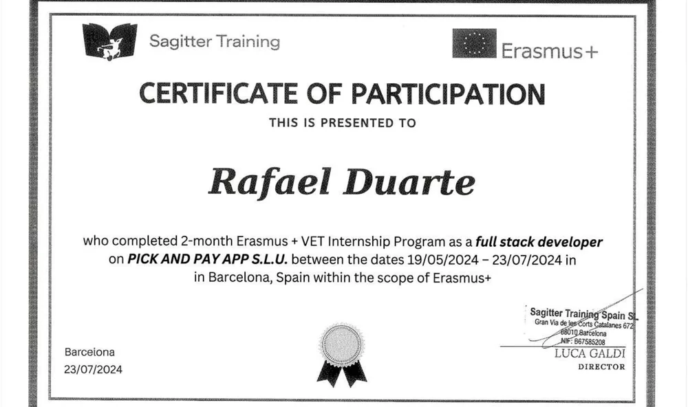 Erasmus+ certificate of participation for the Barcelona internship